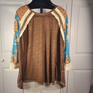 CATO Brown Mixed Media Pull Over Top Women's Plus Size 22/24W